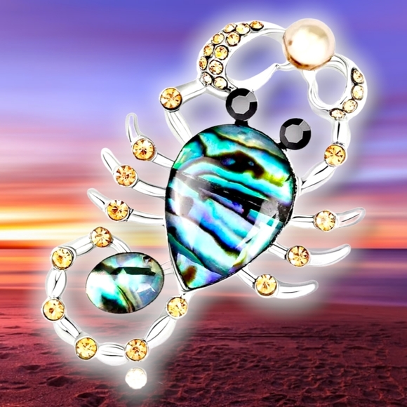 Silver plated abalone inlay champagne crystal pearl scorpion necklace/brooch - Picture 13 of 14